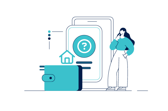 Questions icon, a woman on a mobile phone