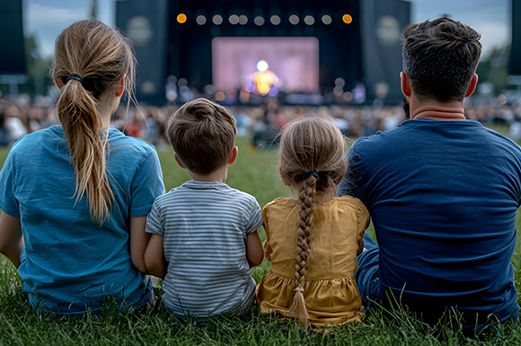 A family watching a movie in a park