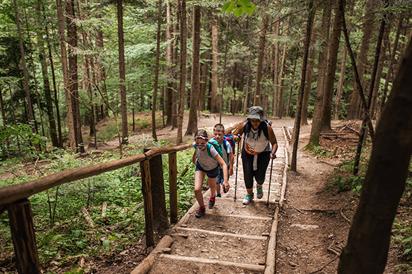 A family hiking on a trail 