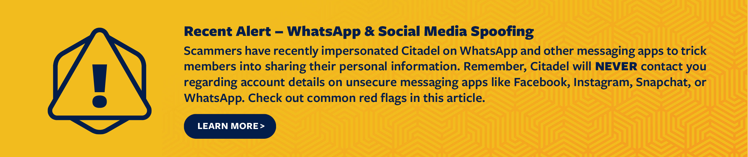 Recent scam alert - WhatsApp and Social Media alert banner